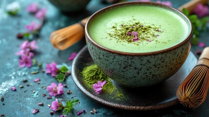 A vibrant matcha tea bowl garnished with flowers and herbs, set on a textured surface