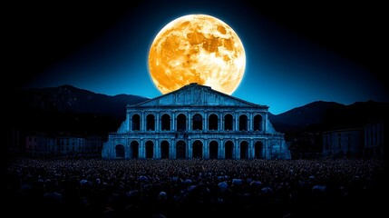 Majestic Night Scene of an Ancient Amphitheater Under a Full Moon with a Crowd in Front, Illuminated by a Bright Lunar Glow
