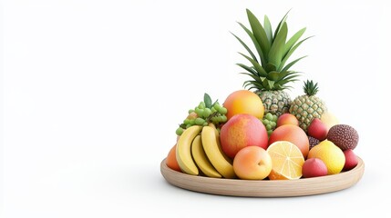 Colorful Fresh Fruits on Rustic Wooden Tray Against White Background