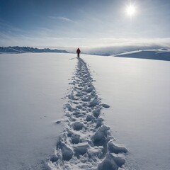 A lone traveler trekking through deep snow, leaving footprints in the white expanse.