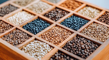 Coffee Beans Variety &ndash; Assorted Coffee Beans in Wooden Grid Display for Coffee Beans Enthusiasts and Roasters
