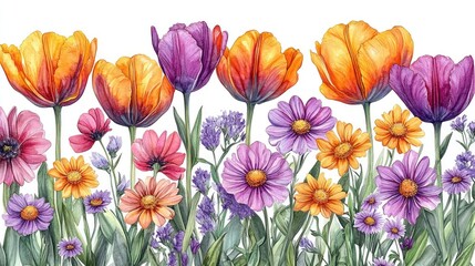 Vibrant watercolor illustration of colorful flowers in a lush garden setting