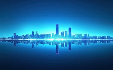 Fototapeta premium Mesmerizing City Skyline Reflected in Still Water Under a Serene Blue Sky at Dusk