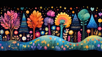 Vibrant, colorful forest scene with whimsical trees and flowers under a starry sky