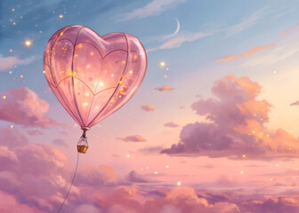 A floating heart-shaped balloon made of translucent pink glass, reflecting soft golden light, suspended in midair against a clear sky, creating a whimsical and romantic scene.