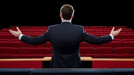 Businessman Preparing to Deliver a Presentation in an Empty Auditorium with Red Seats and a Black Background