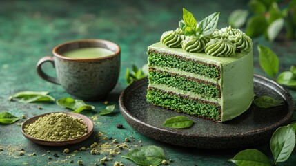 A beautifully presented slice of matcha cake garnished with fresh mint leaves beside a cup of green tea