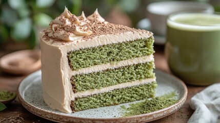 A slice of matcha cake with creamy frosting on a rustic table, surrounded by greenery and a cup