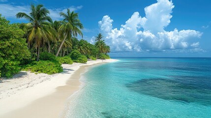 Fototapeta premium Serene tropical beach with palm trees, clear turquoise waters, and fluffy clouds in the background
