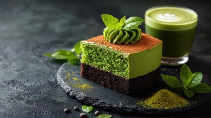 Delicious layered matcha cake served on a slate plate with a green tea drink and mint leaves