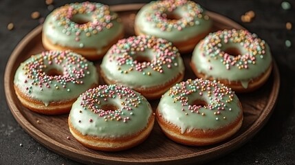 Freshly baked mint-glazed donuts with colorful sprinkles on a rustic wooden platter