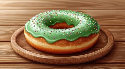 Freshly baked green frosted donut with colorful sprinkles on a wooden plate, showcasing a cozy kitchen setting