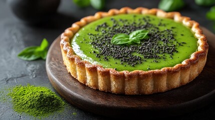 Freshly baked green tart with a basil garnish, surrounded by herbal ingredients on a dark surface