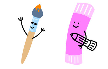 Cute educational supplies characters for school. School stationery mascots with smiling faces, pens, erasers, calculators, magnifying glasses. Fun educational supplies, vector illustration