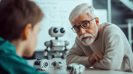 Elderly mentor teaching child about robotics and artificial intelligence