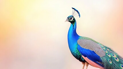 Vibrant peacock displaying its colorful feathers against a soft pastel background