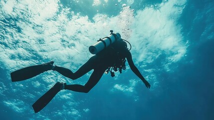 Diver Mid Air in Perfect Form Against Serene Blue Sky Background