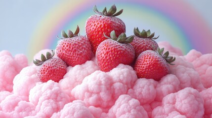 Fresh strawberries atop fluffy pink clouds with a vibrant rainbow in the background