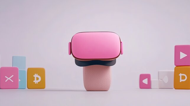 A vibrant pink virtual reality headset on a minimalist surface surrounded by colorful app icons