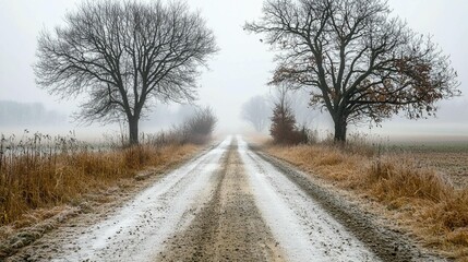 Obraz premium Misty Road, Winter Trees, Frosty Field