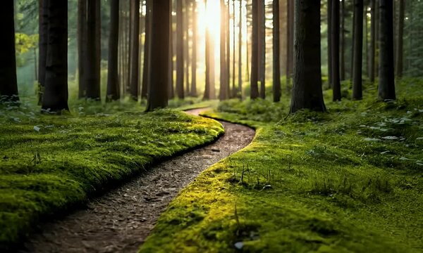 Winding path through mossy forest at sunrise