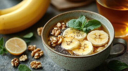 A cozy bowl of chia pudding topped with banana slices, walnuts, and mint, with tea nearby