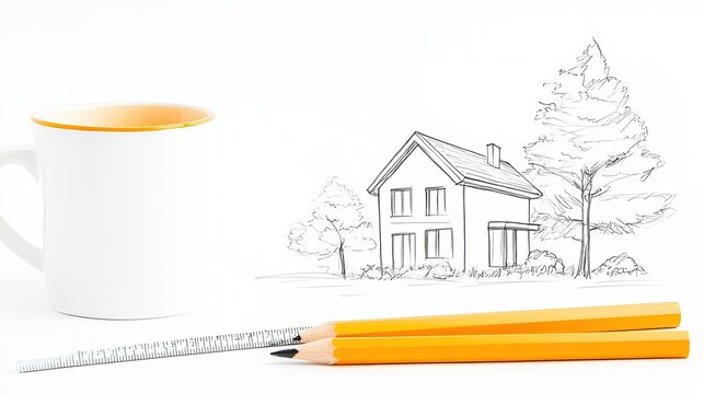 A minimalist workspace featuring a coffee cup, colored pencils, and a house sketch with trees