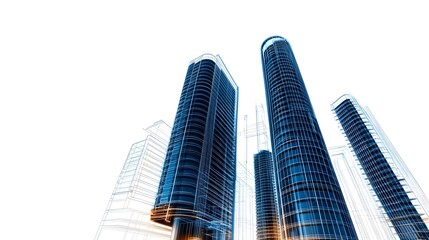 Obraz premium Modern skyscrapers in an urban skyline with architectural lines and blue glass facades under a clear white sky