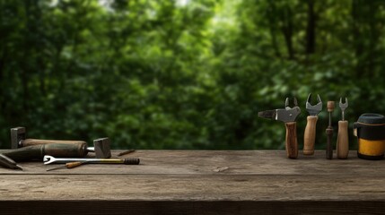 Rustic Workbench with Various Hand Tools in Natural Setting
