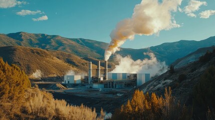 Fototapeta premium Industrial facility emitting steam against a mountainous backdrop.