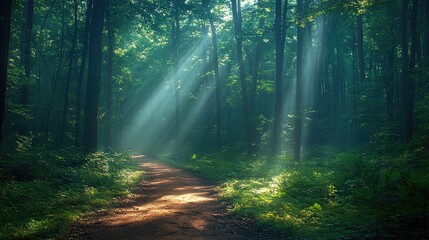 Obraz premium Serene forest path illuminated by sunlight filtering through lush green trees and foliage