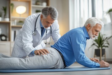 Fototapeta premium Senior Man Receiving Physiotherapy Treatment at Home Doctor Examining Patient's Back, Providing Rehabilitation Exercise on a Yoga Mat in a Bright, Modern Living Room Setting, Focusing on Wellness