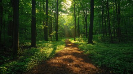 Obraz premium Serene forest pathway illuminated by sunlight filtering through lush green trees, inviting exploration