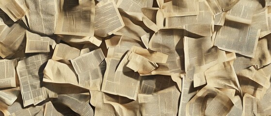 Aerial view of scattered, aged book pages creating a textured background
