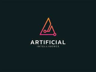 Artificial intelligence with triangle circuit board lines technology Analysis logo vector design concept. AI technology logotype symbol for advance technology, ui, identity, new tech, robotics, data.