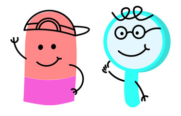 Mascot school supplies. Cute cartoon stationery characters, emoticons, cute comic objects, eraser, book, pencil, backpack, vector illustration. Stationery, pencils and educational supplies