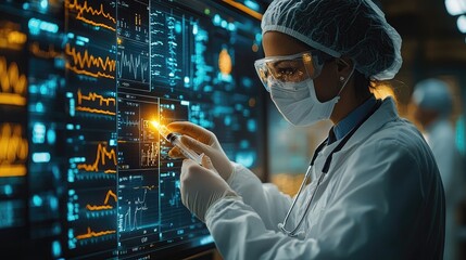 Scientist analyzing data on high-tech screens in a modern laboratory setting
