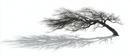 Obraz premium Leaning Tree with Bare Branches Casting Intriguing Shadow on White Background
