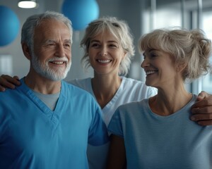 Smiling Senior Patients and Caring Healthcare Professionals Team Embracing at Physical Therapy Clinic, Demonstrating Positive Rehabilitation, Senior Care, and Recovery, Featuring Diverse Caucasian