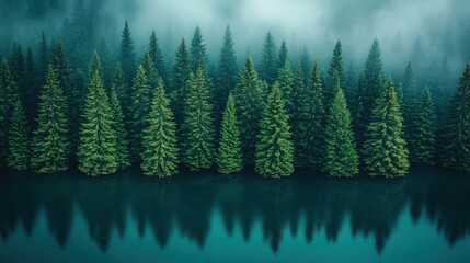 Lush evergreen forest reflecting in tranquil waters under a misty sky at dawn