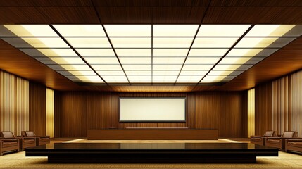 Modern wooden conference room, presentation screen,  calm background, business meeting
