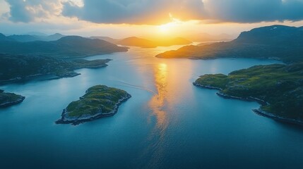 Serene sunset over a tranquil coastal landscape, with islands reflecting golden hues in the water