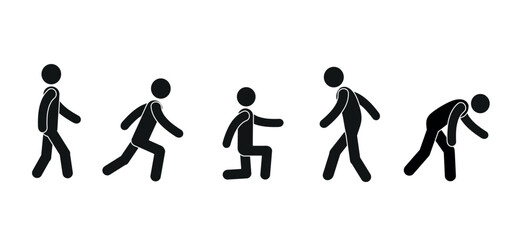 Pictograph people in different poses, walking, bent over, silhouette of a human figure isolated on a white background