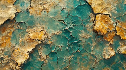 A close-up view of cracked, colorful paint revealing texture and patterns on a surface