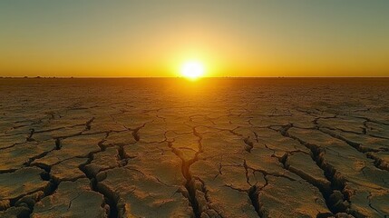 Sunset over cracked earth landscape, highlighting drought effects with a serene horizon