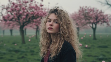Naklejka premium Young woman with curly blonde hair stands amidst blooming sakura trees, embodying serenity and natural beauty.