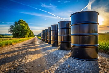 Obraz premium Rustic Black Barrels on Gravel Road, Sunny Day Stock Photo
