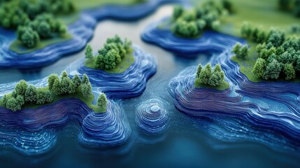 Aerial view of serene blue waterways surrounded by lush green islands and trees