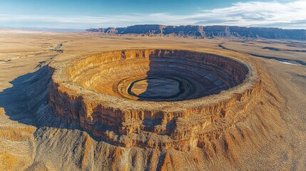 Aerial view of a massive geological formation with layered rock patterns and shadows, showcasing nature's grandeur