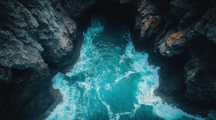 Aerial view of turquoise waves crashing against rugged cliffs in a secluded coastal inlet